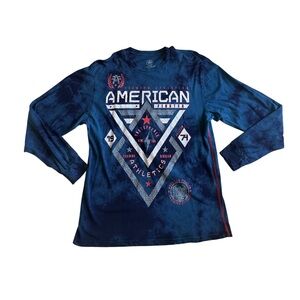 American Fighter Men Sz L Blue Tie Dye Long Sleeve 100% Cotton Graphic Tee Shirt